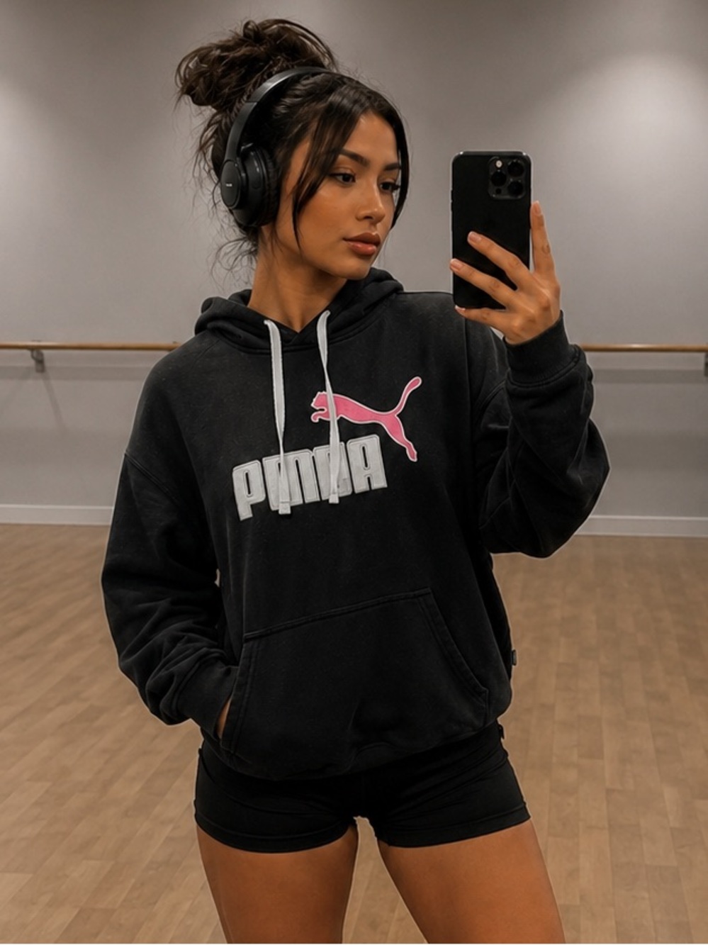 PUMA Black Logo Pullover Hoodie Athleisure Gym Sweatshirt